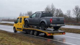 Pickup wjeżdżający na lawetę – transport maszyn Piła
